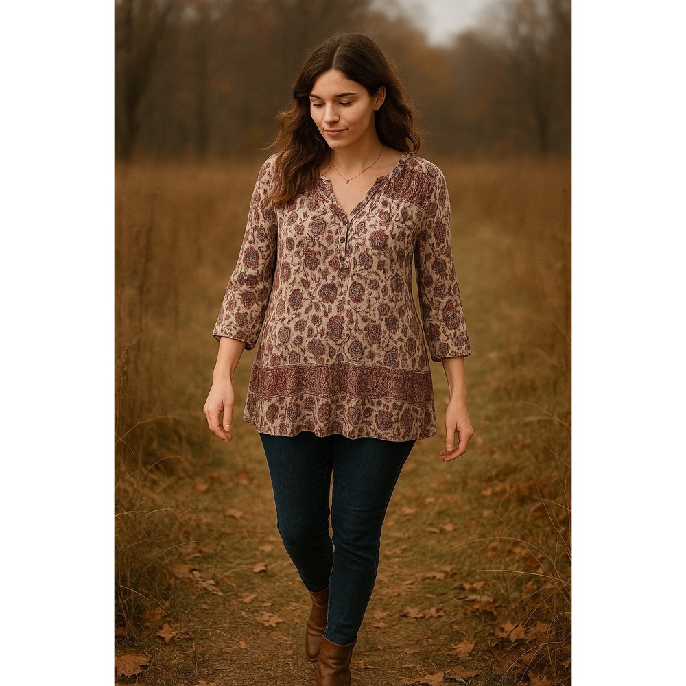 Lucky Brand Tunic Top Womens 1X Paisley Boho‎ Peasant Flowy Hippie Chic